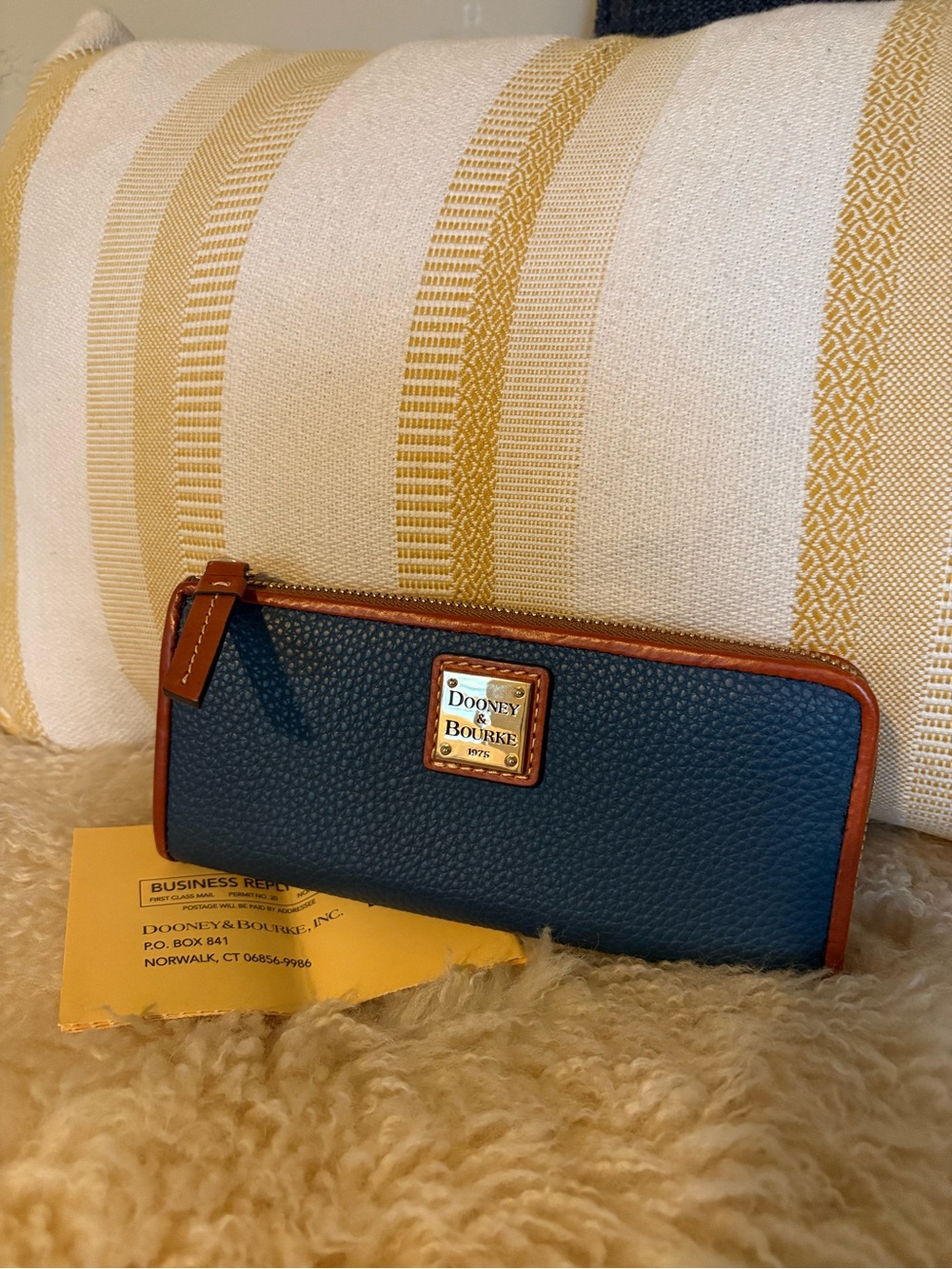 Dooney & Bourke Navy Pebble Leather Zip Wallet with Brown Trim